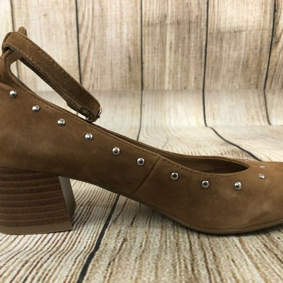 Montana Artisan Crafted Block Heels Sz 6.5 Brown Suede Studs Ankle Strap Comfort - Picture 2 of 9